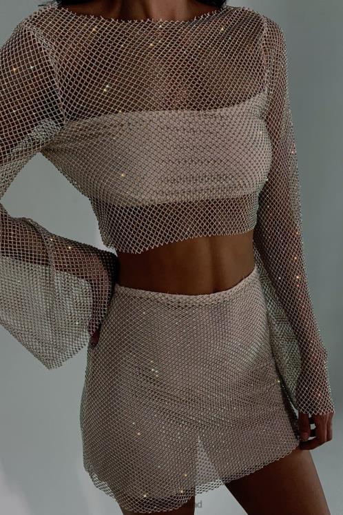 Meshki Hilton Diamante Mesh Mini Skirt Clothing Cream 6DX221267