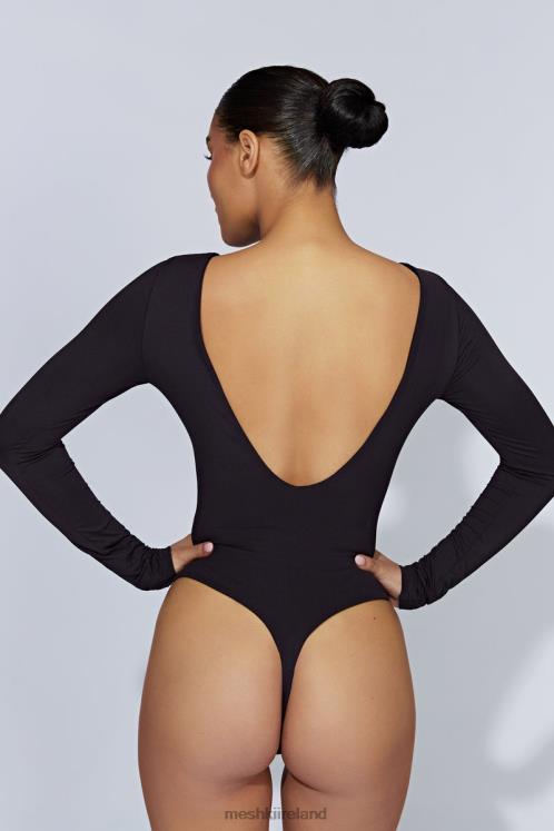 Meshki Cheyenne Long Sleeve Plunge Back Bodysuit Clothing Black 6DX22916