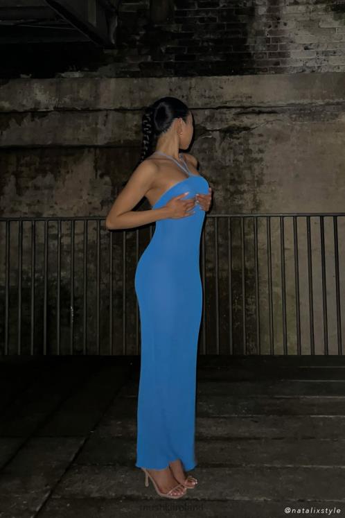 Meshki Aryana Asymmetrical Straight Maxi Halter Knit Dress Clothing Azure Blue 6DX22707