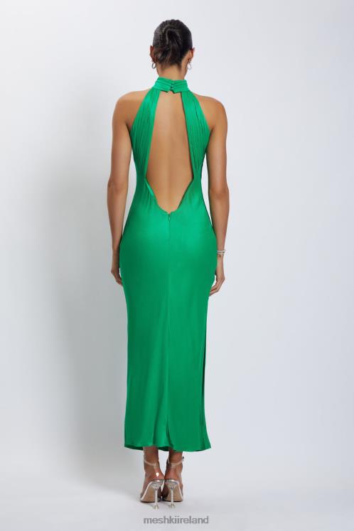 Meshki Claire Satin Drape Back Maxi Dress with Split Clothing Green 6DX2237