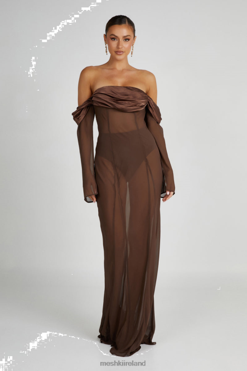 Meshki Ivanna Off Shoulder Chiffon Maxi Dress Clothing Mocha 6DX2251