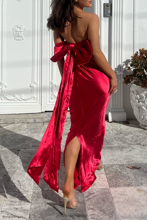 Meshki Rochelle Bow Back Satin Maxi Dress Clothing Red 6DX22242