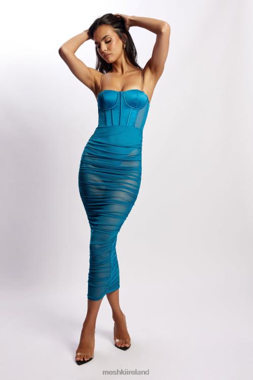 Meshki Tiarne Satin And Mesh Corset Midi Dress Clothing Marine Blue 6DX22646