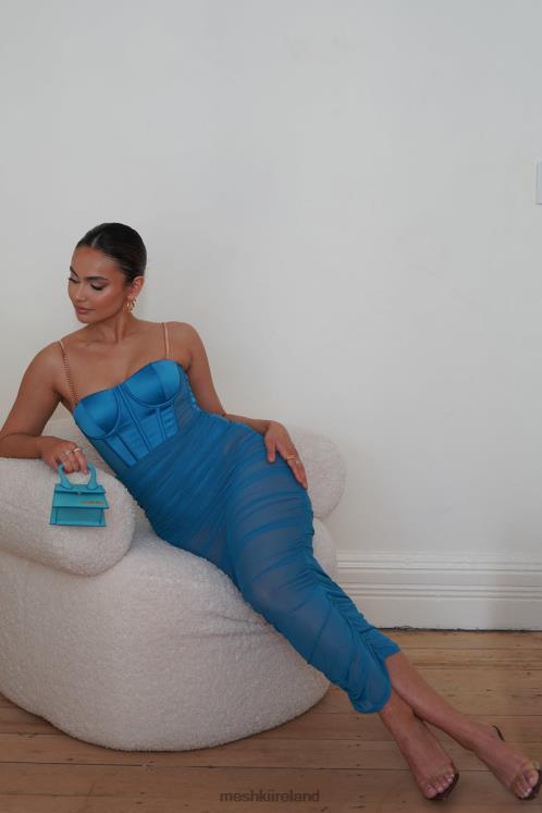 Meshki Tiarne Satin And Mesh Corset Midi Dress Clothing Marine Blue 6DX22646