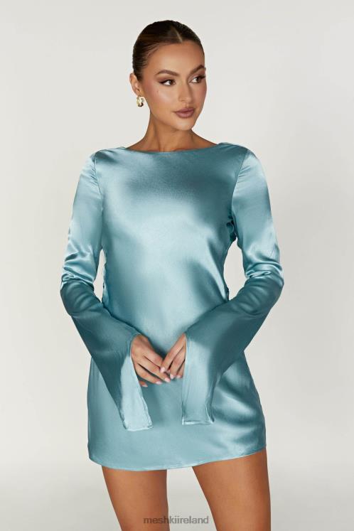 Meshki Davina Satin Long Sleeve Mini Dress Clothing Powder Blue 6DX22347
