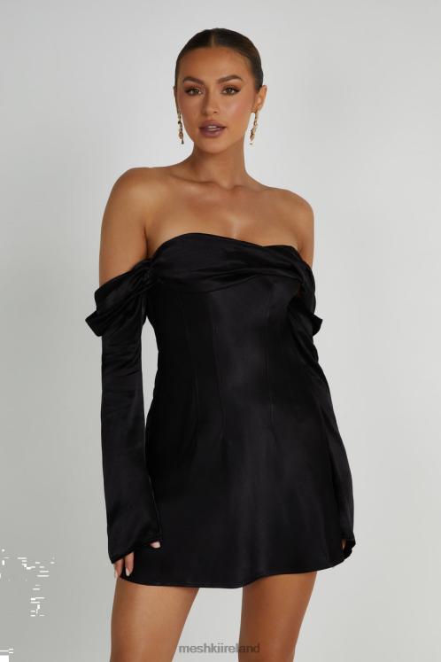 Meshki Giselle Off Shoulder Satin Mini Dress Clothing Black 6DX22202