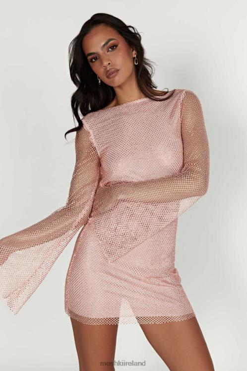 Meshki Samira Flare Sleeve Diamante Mesh Mini Dress Clothing Baby Pink 6DX22315