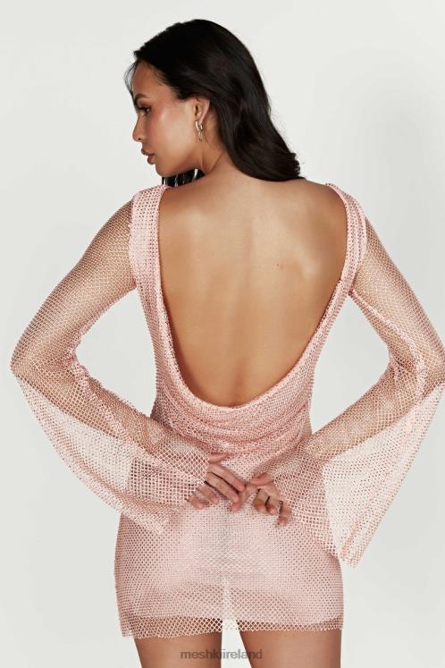 Meshki Samira Flare Sleeve Diamante Mesh Mini Dress Clothing Baby Pink 6DX22315