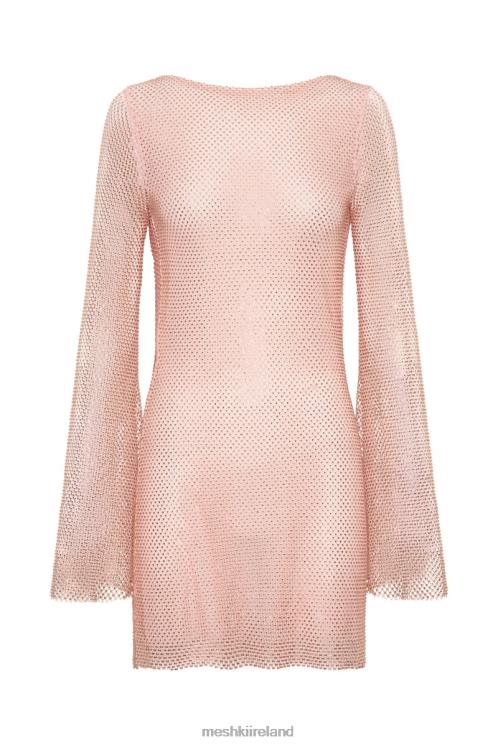 Meshki Samira Flare Sleeve Diamante Mesh Mini Dress Clothing Baby Pink 6DX22315