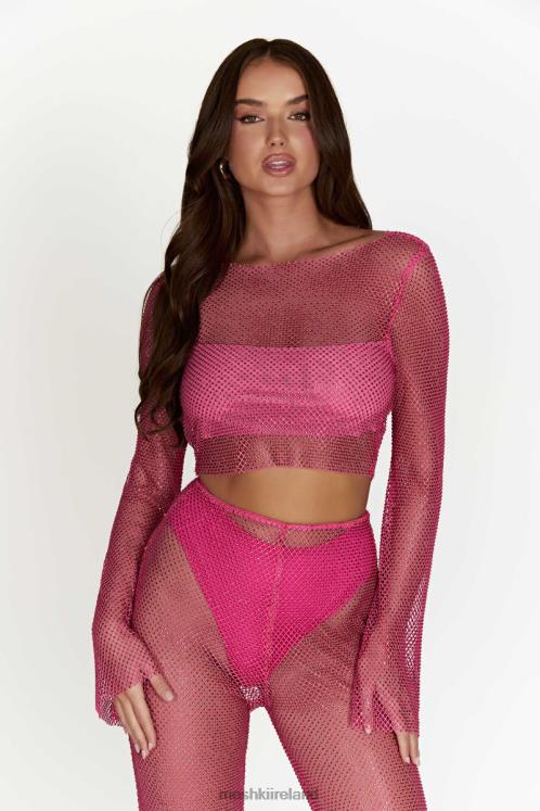 Meshki Hilton Diamante Mesh Cowl Top Clothing Rose Pink 6DX22969