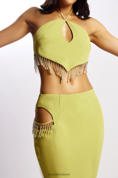 Meshki Jayleen Keyhole Triangle Halter Top With Fringe Clothing Chartreuse 6DX221135