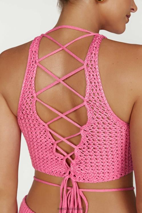 Meshki Raquel Crochet Lace Up Back Top Clothing Bubblegum Pink 6DX221050