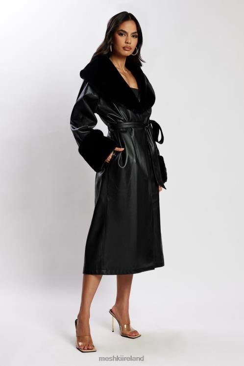 Meshki Rebekah Oversized Pu Trench Coat With Fur Trim Clothing Black 6DX221647