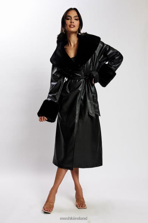 Meshki Rebekah Oversized Pu Trench Coat With Fur Trim Clothing Black 6DX221647