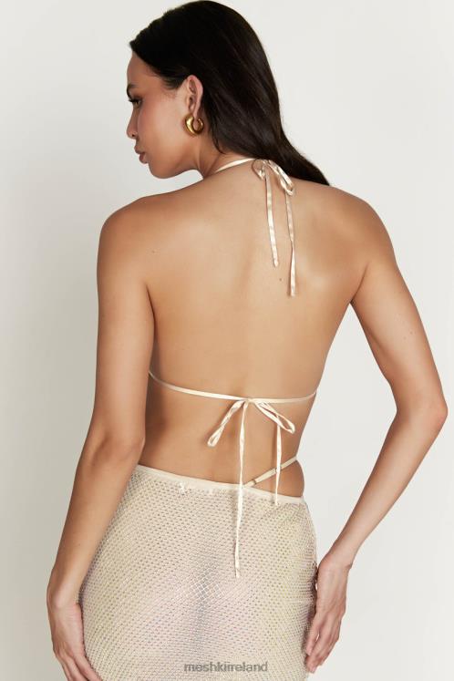 Meshki Casey Mesh Diamante Halter Crop Clothing Cream 6DX22927