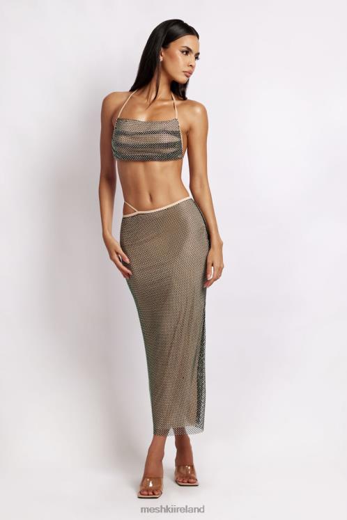 Meshki Casey Mesh Diamante Halter Crop Clothing Iridescent Black 6DX22983