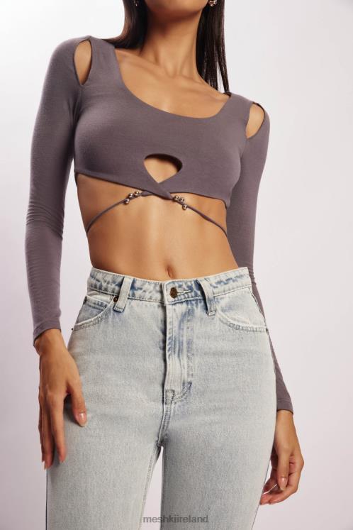 Meshki Jessie Long Sleeve Cut Out Crop Top Clothing Charcoal 6DX221134