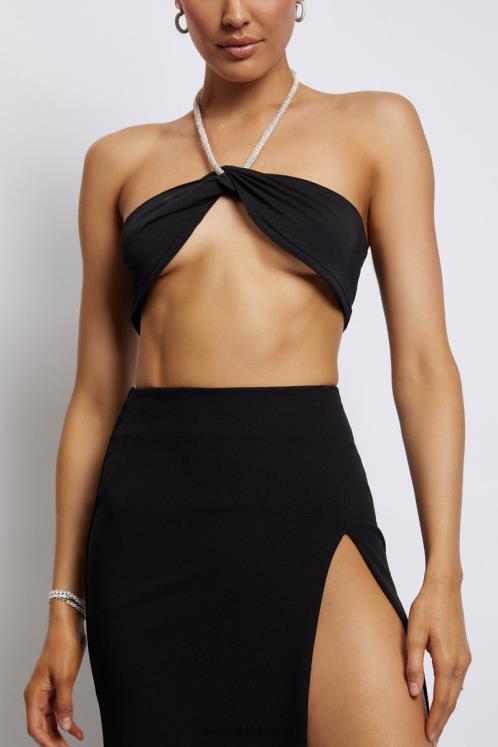 Meshki Lea Diamante Chain Halter Neck Crop Top Clothing Black 6DX221132