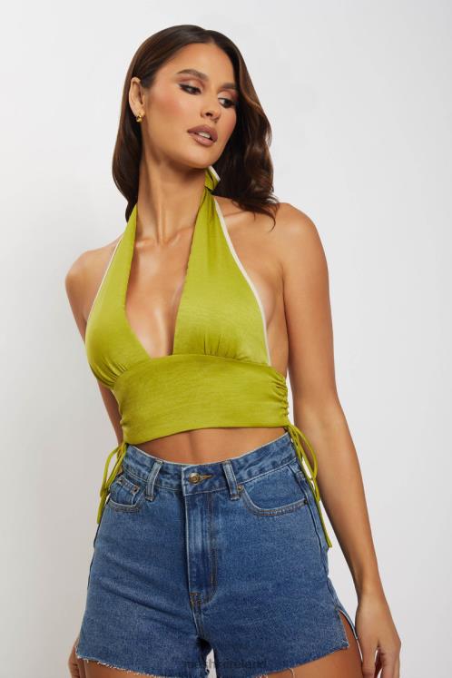 Meshki Mollie Satin Ruched Halter Crop Clothing Green 6DX221202