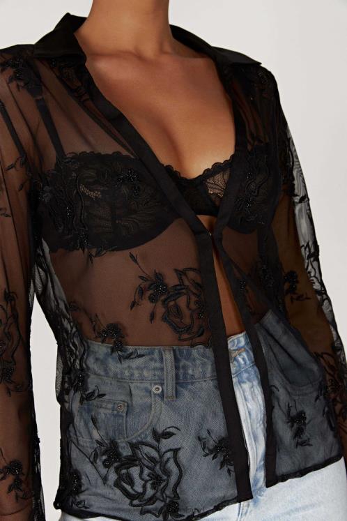Meshki Vivica Embroidered Mesh Shirt Clothing Black 6DX22991